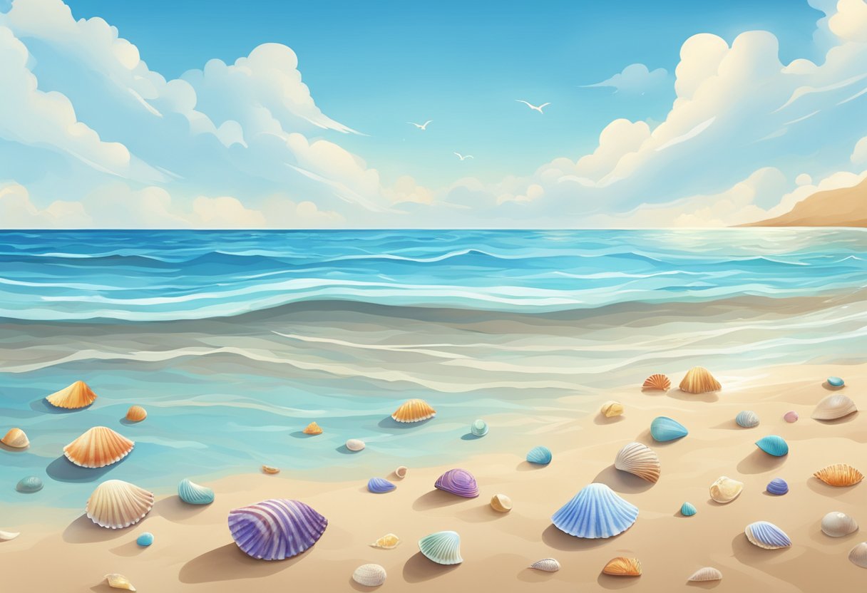 A sandy beach with colorful seashells scattered across the shore, a clear blue sky, and gentle waves lapping at the edge of the water