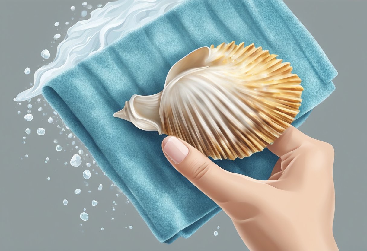 A hand holding a soft-bristled brush gently scrubbing a seashell under running water, then placing it on a towel to air dry