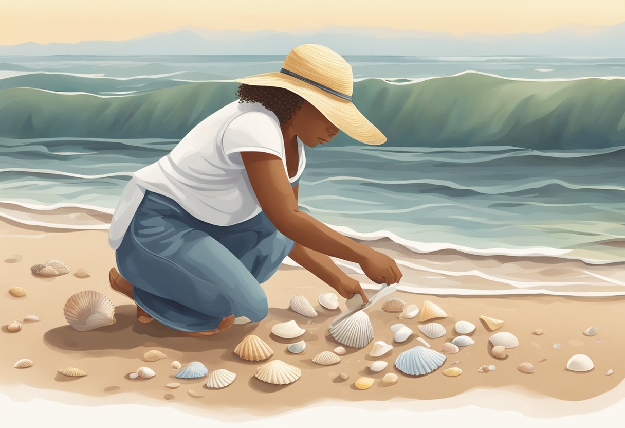 A person carefully picks up seashells from the beach, avoiding disturbing the natural environment. They use a soft brush and water to clean the shells, then let them dry in the sun to preserve their beauty