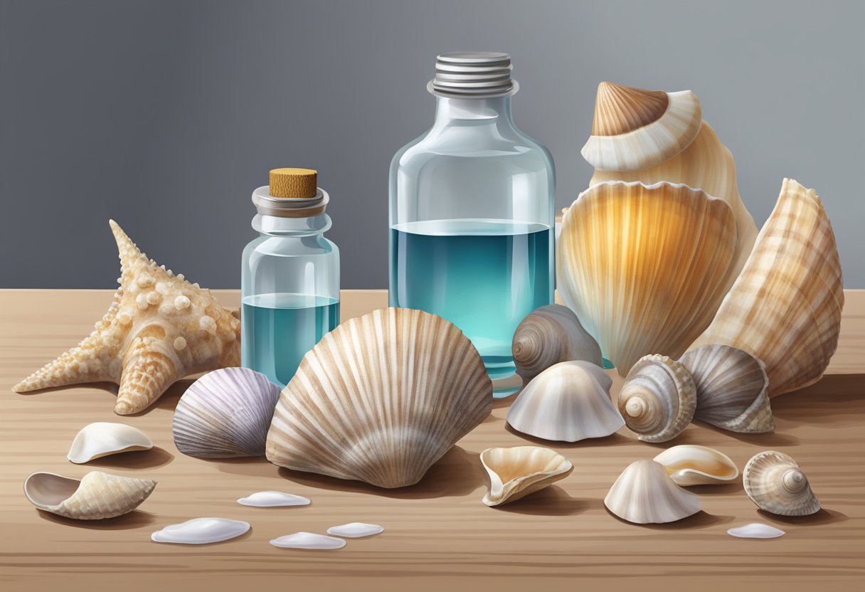 A collection of seashells arranged on a wooden table, with a small brush and gentle cleaning solution nearby. A glass jar filled with clear liquid sits next to the shells, preserving their delicate beauty