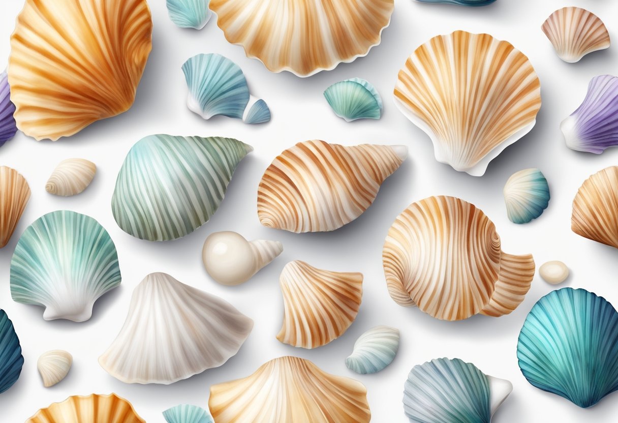 Seashells arranged on a clean, white surface. A soft brush and mild soap nearby. A gentle hand carefully cleaning and preserving each shell