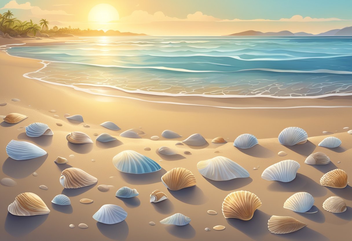 A sandy beach at low tide, with gentle waves rolling in. Seashells of various shapes and sizes scattered across the shore, glinting in the sunlight