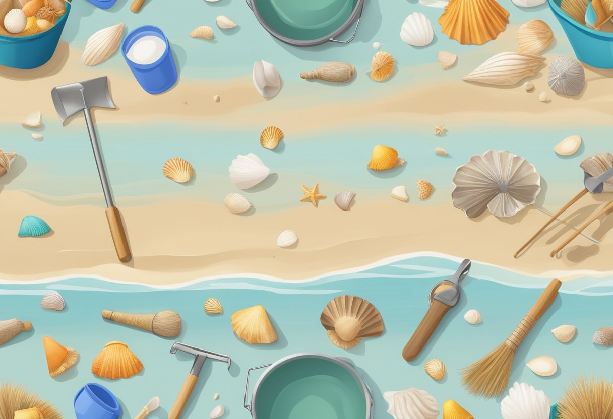 A beach scene with a variety of shelling tools laid out on a towel, including shovels, sifters, and buckets. The background shows a calm ocean with seashells scattered along the shore