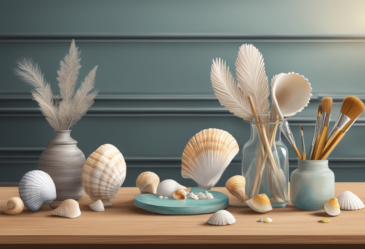 Seashells arranged on a wooden table with glue, paint, and brushes nearby. Finished home decor items displayed in the background