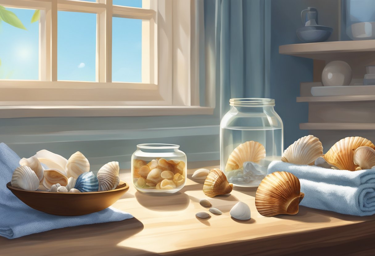 A table with assorted seashells, a small hammer, and glue. A bowl of water and a towel nearby. Sunlight streaming in through a window