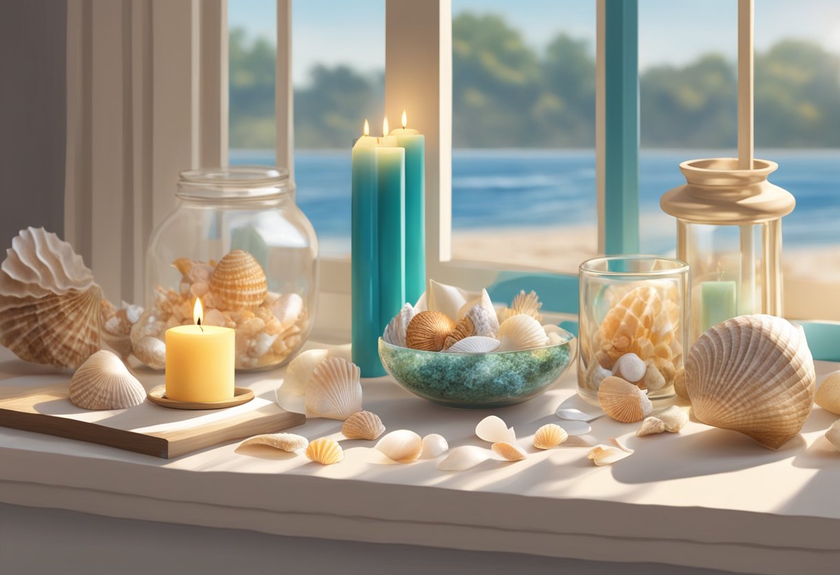 A table covered in seashells, glue, and craft supplies. A finished seashell picture frame and candle holder sit nearby. Sunlight streams through a nearby window, casting a warm glow on the scene