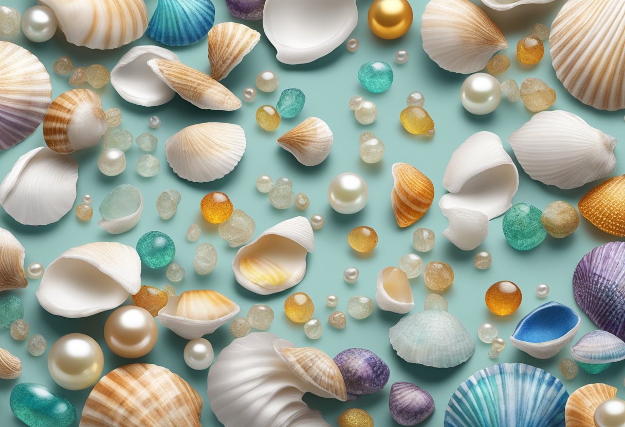 A table scattered with seashells, glue, and colorful beads. A pair of tweezers carefully places a small pearl onto