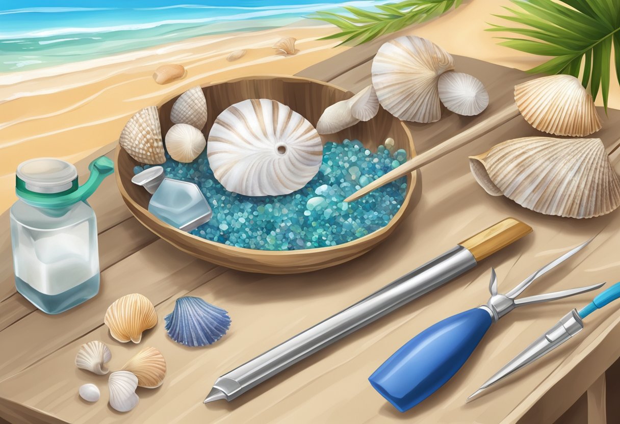 A table with seashells, tools, and cleaning supplies. A step-by-step guide on how to make jewelry from seashells