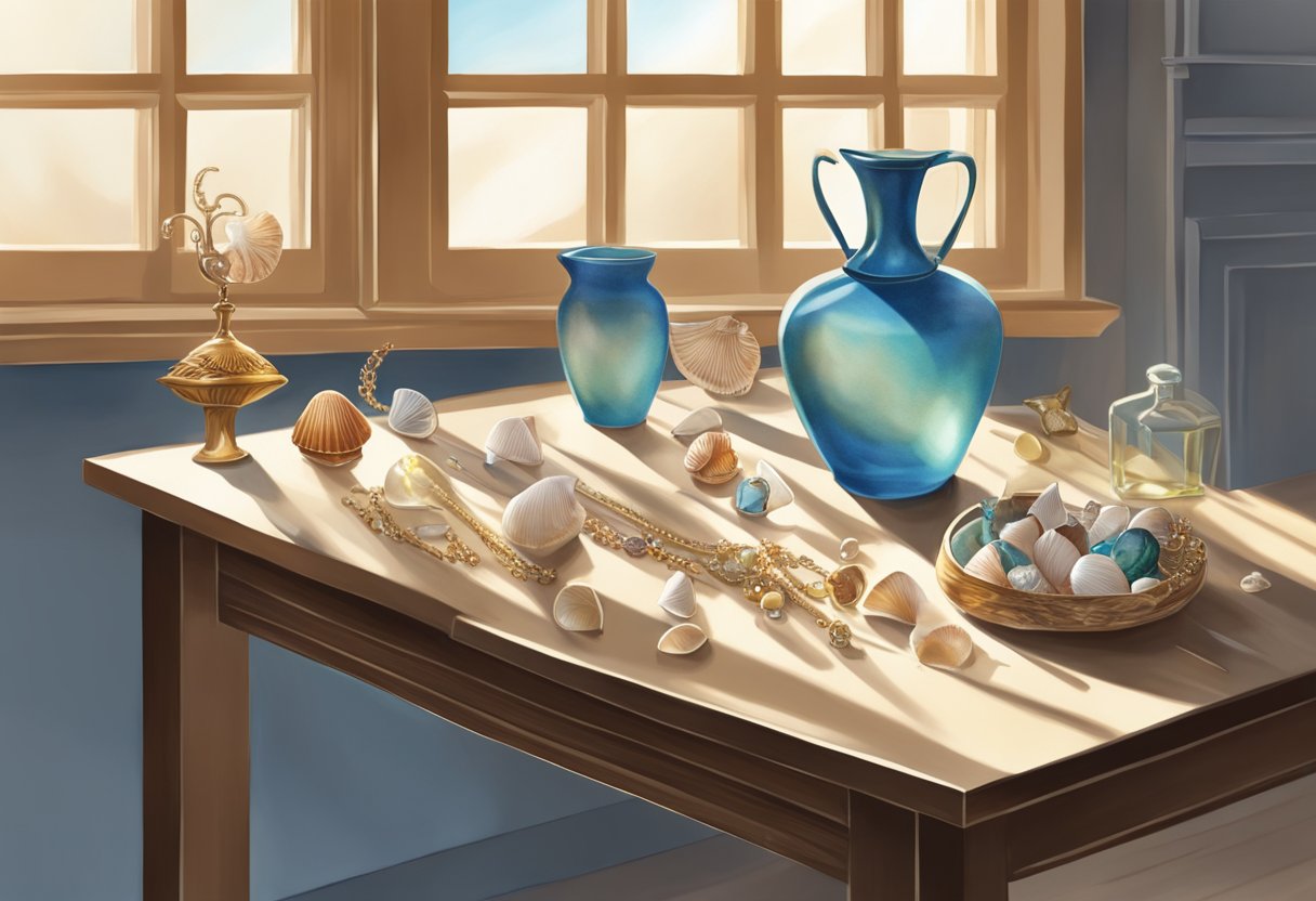 A table with seashells, jewelry-making tools, and a step-by-step guide. Light streams in through a window, casting shadows on the surface