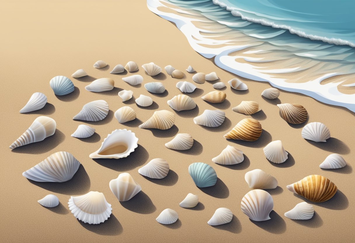 A collection of seashells arranged in a spiral pattern on a sandy beach with waves gently lapping in the background