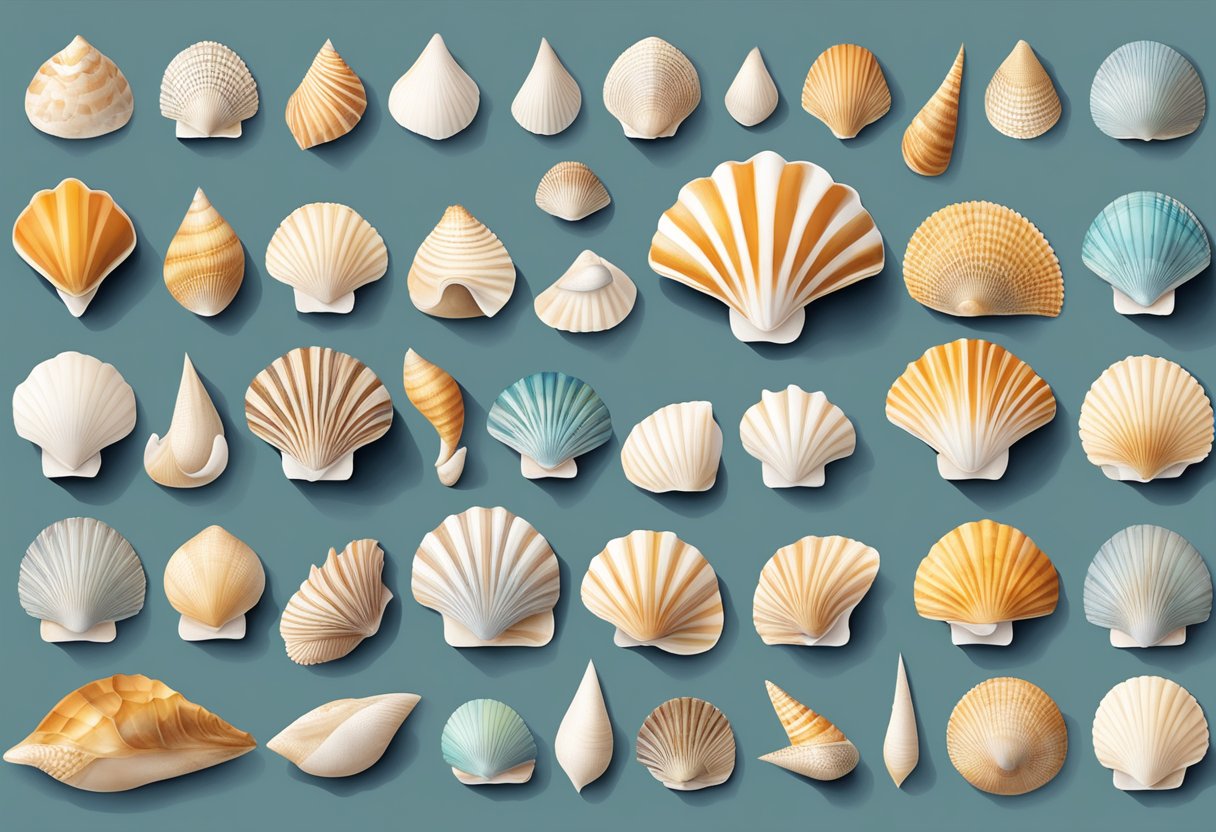 A collection of seashells arranged in various creative displays, showcasing different design principles such as balance, contrast, and rhythm