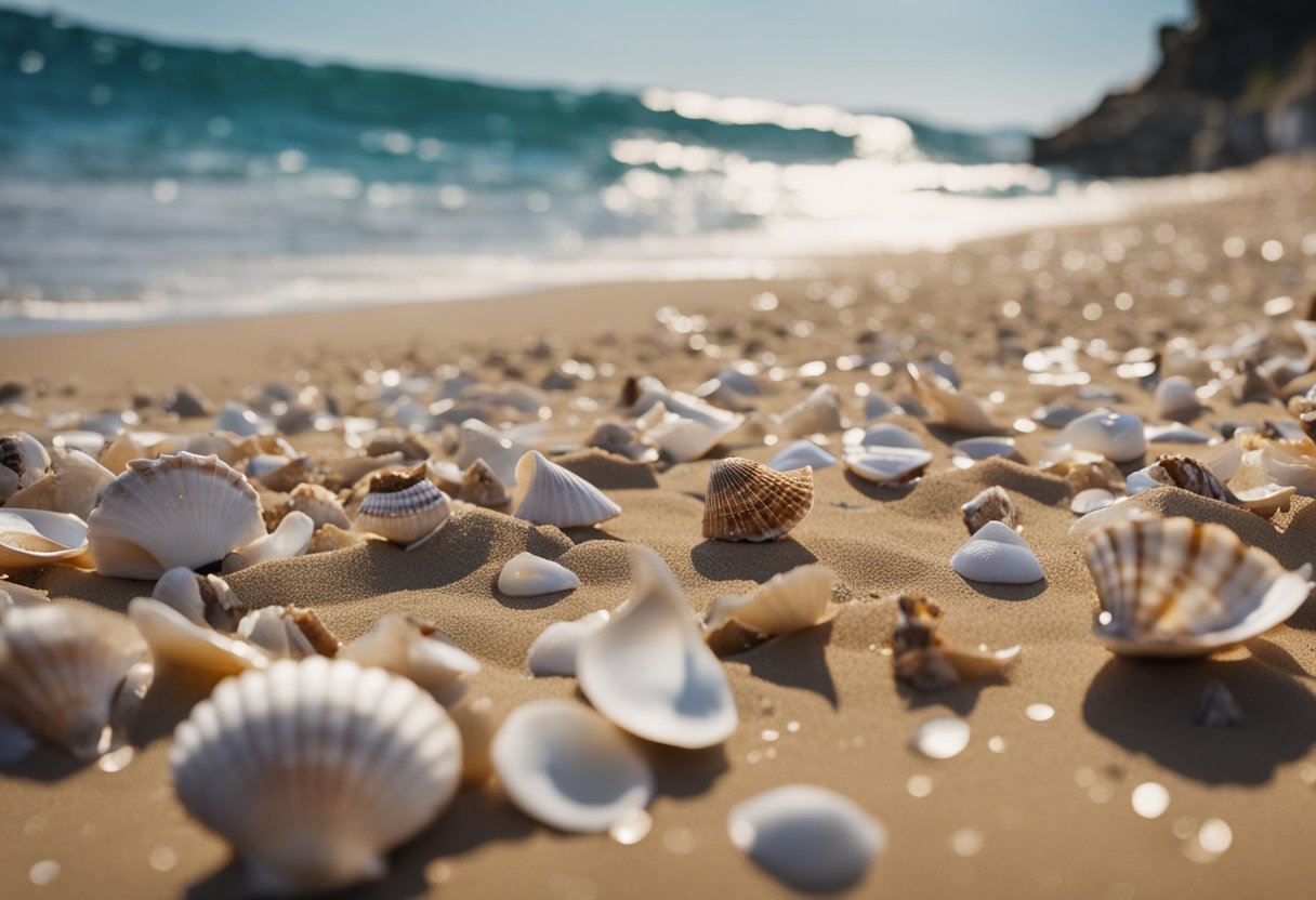 Seashells scattered on sandy beach, waves crashing in background, seagulls flying overhead