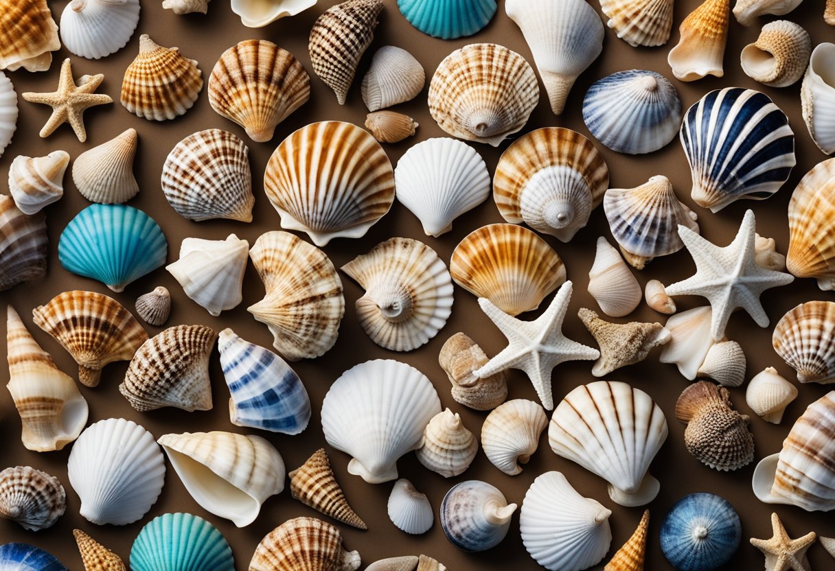 A collection of seashells from around the world, displayed in a vibrant and diverse array, showcasing the cultural significance and beauty of these natural treasures