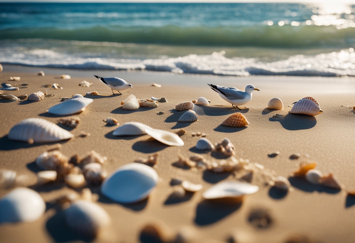 A sandy beach stretches along the coastline, scattered with various seashells of different shapes, sizes, and colors. The gentle waves crash onto the shore, while seagulls soar overhead in the clear blue sky