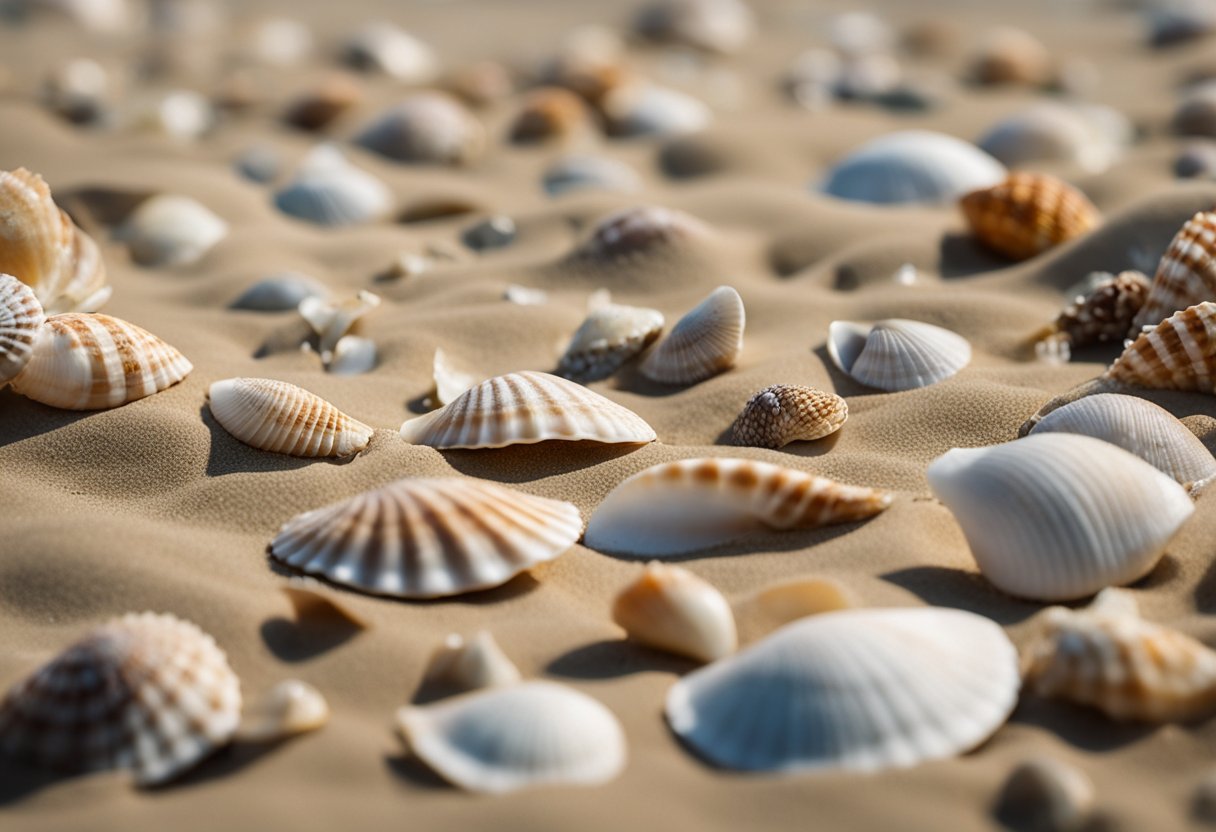 A variety of seashells are scattered across the sandy shore, each displaying unique shapes, patterns, and colors. The gentle waves wash over them, creating a serene and picturesque scene for any seashell enthusiast to admire