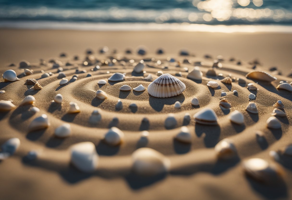 A collection of seashells arranged in a spiral pattern on a sandy beach, with waves gently lapping in the background