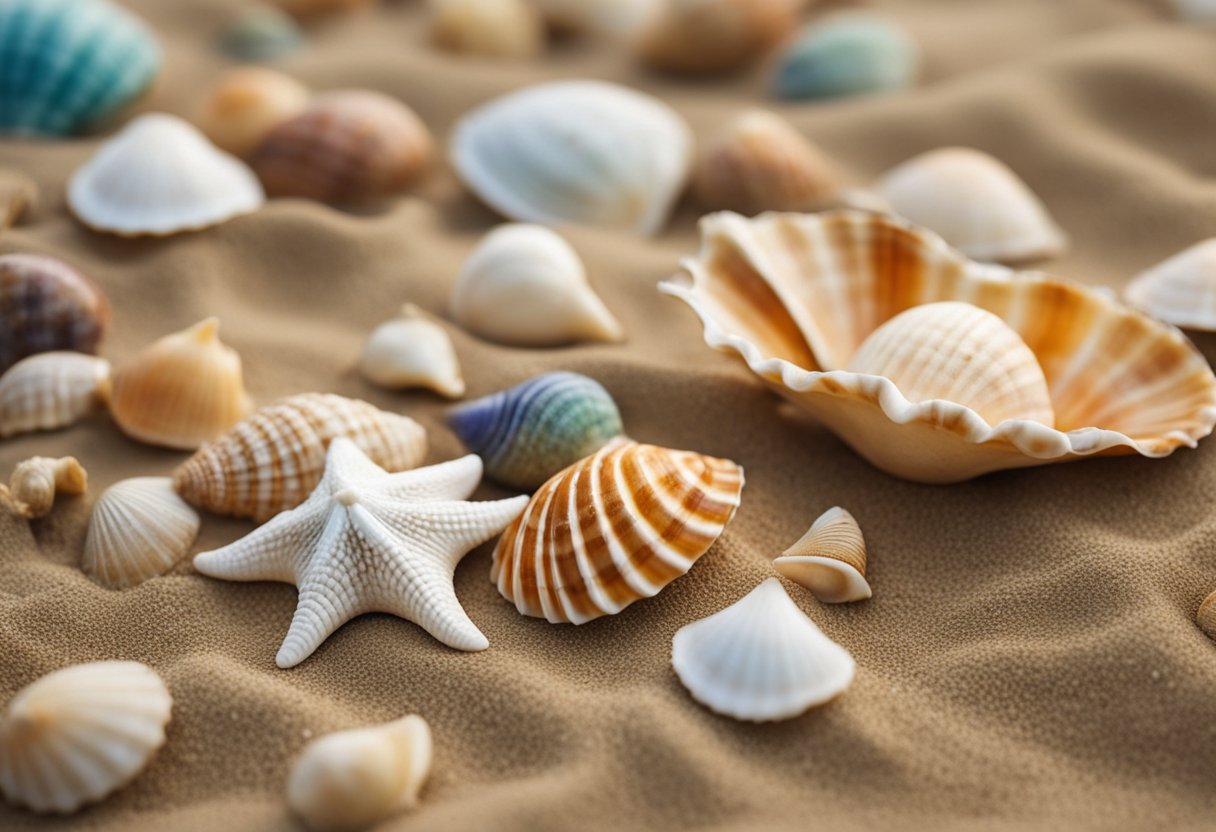 A collection of seashells arranged on a sandy beach, with colorful crafts and artworks from various cultures displayed around them