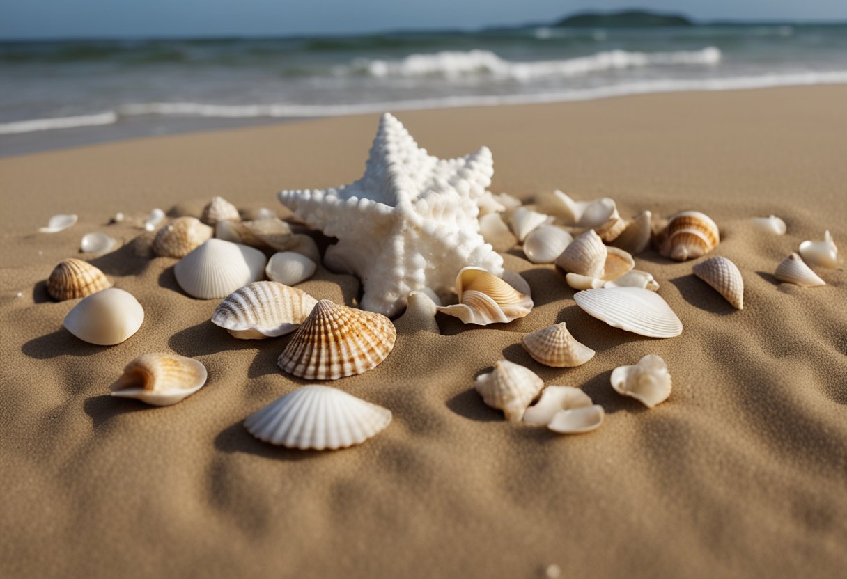 Seashells arranged in a ceremonial pattern on a sandy beach, surrounded by offerings and symbols of cultural significance