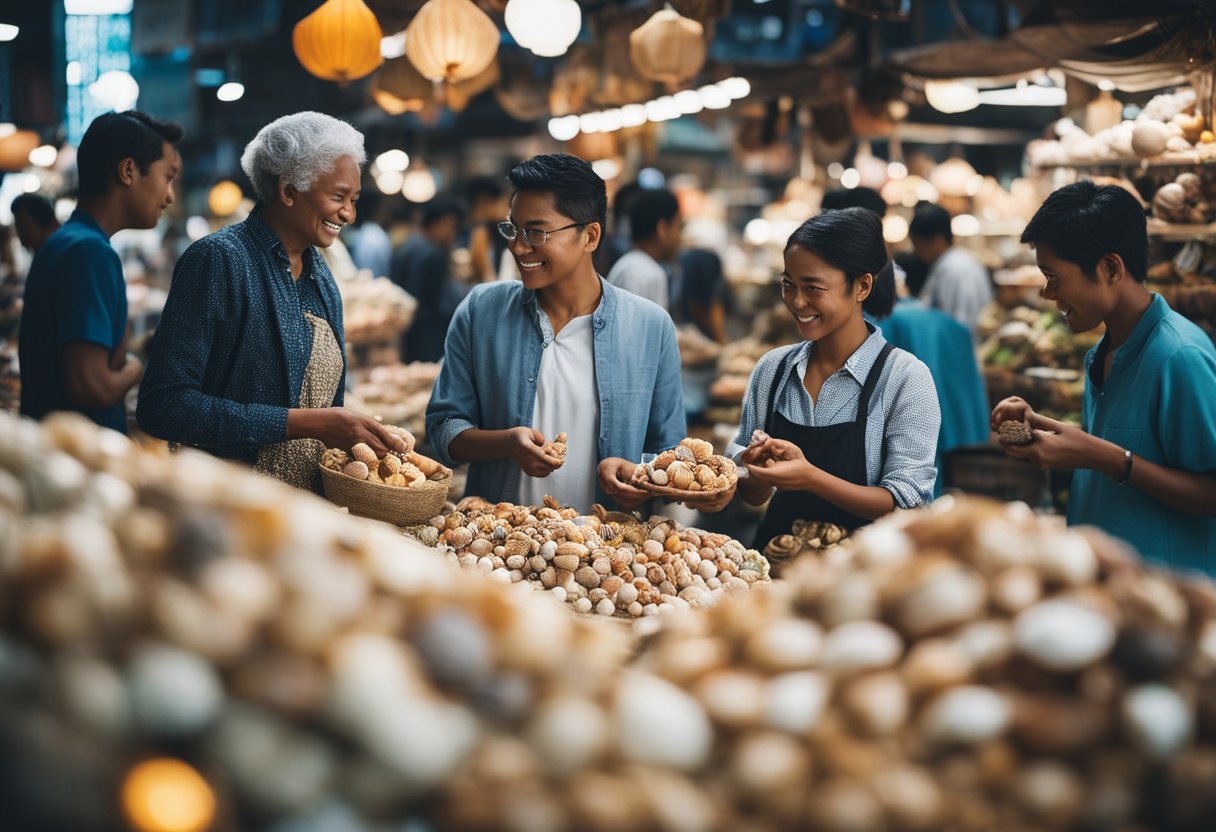 A marketplace bustling with people trading seashells from diverse cultures, showcasing their societal and economic significance