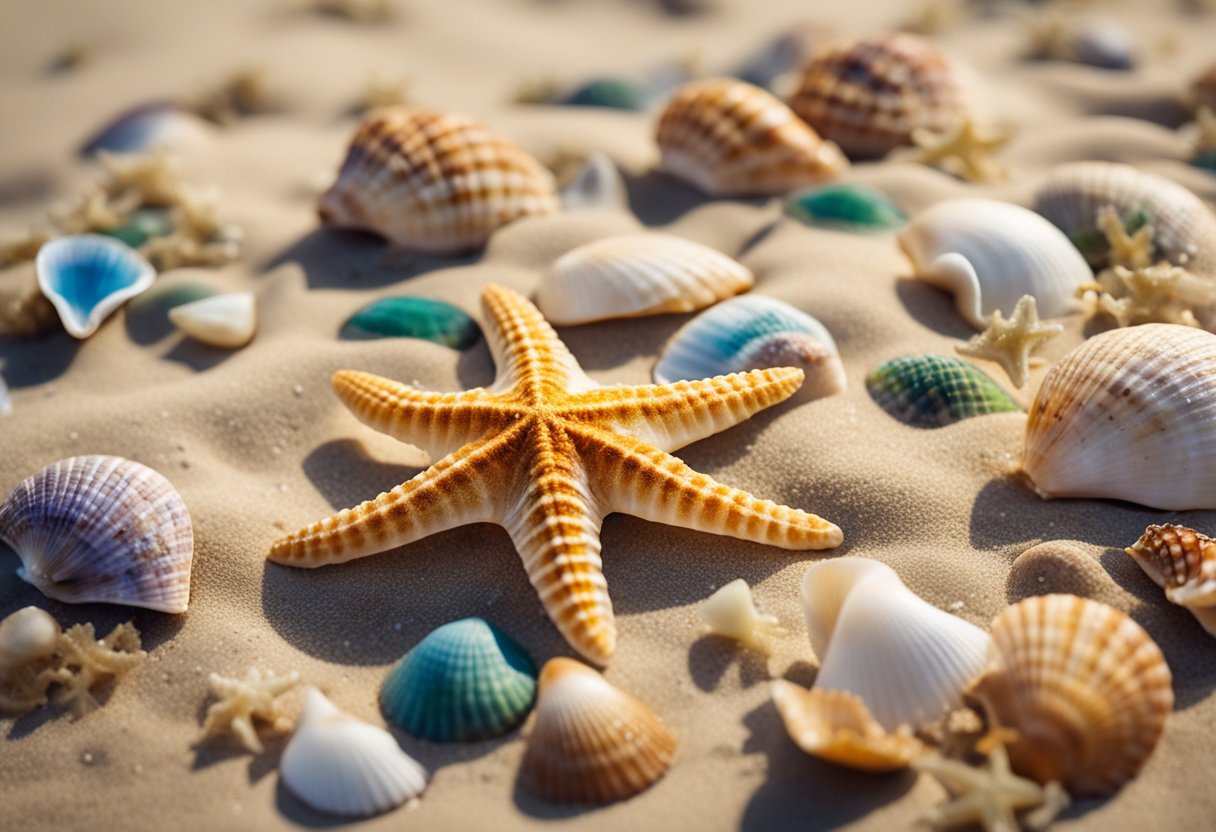 Colorful seashells scattered on sandy beach, waves gently washing over them, with a starfish and seaweed nearby