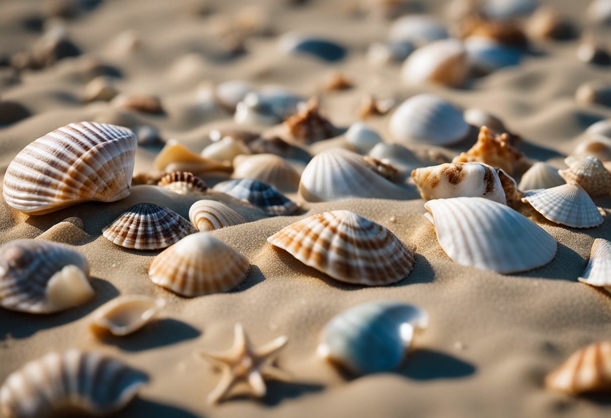 A variety of seashells lay scattered along the sandy shore, each displaying unique shapes, patterns, and colors. The gentle waves of the ocean wash over them, creating a serene and picturesque scene