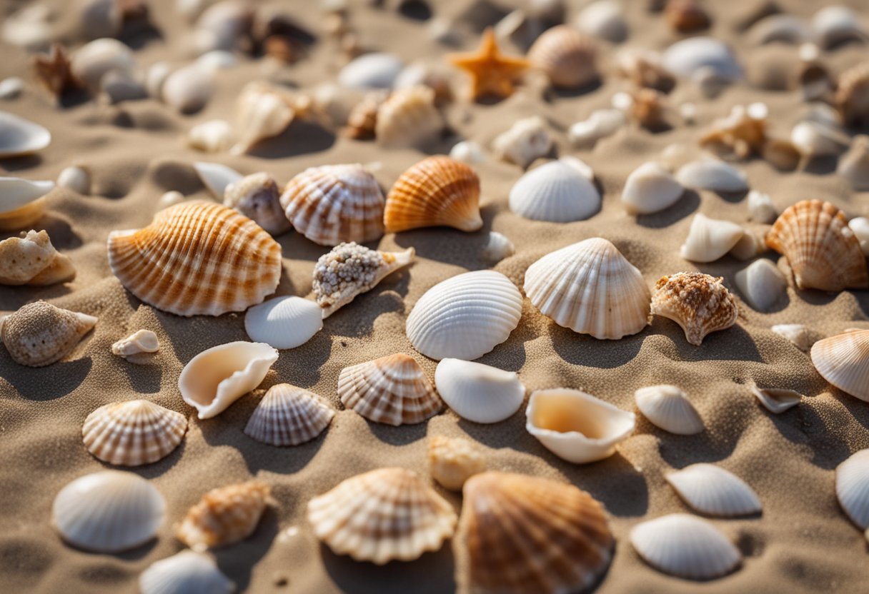 A variety of seashells scattered on a sandy beach, with different shapes, sizes, and colors. Some are smooth and shiny, while others are textured and rough