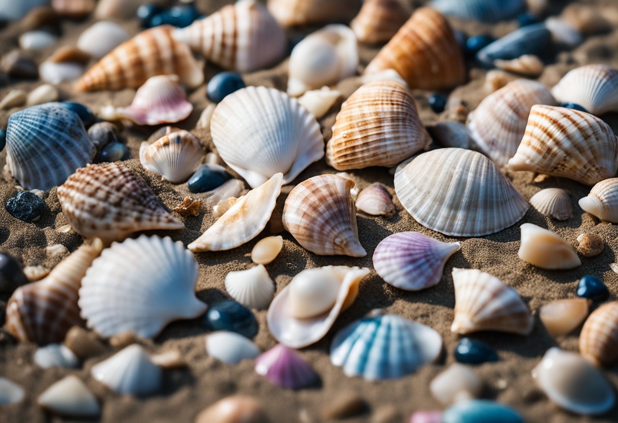 A variety of seashells scattered along the shore, each with unique shapes, sizes, and patterns. Some are smooth and shiny, while others are rough and textured. The colors range from vibrant pinks and blues to muted earth tones