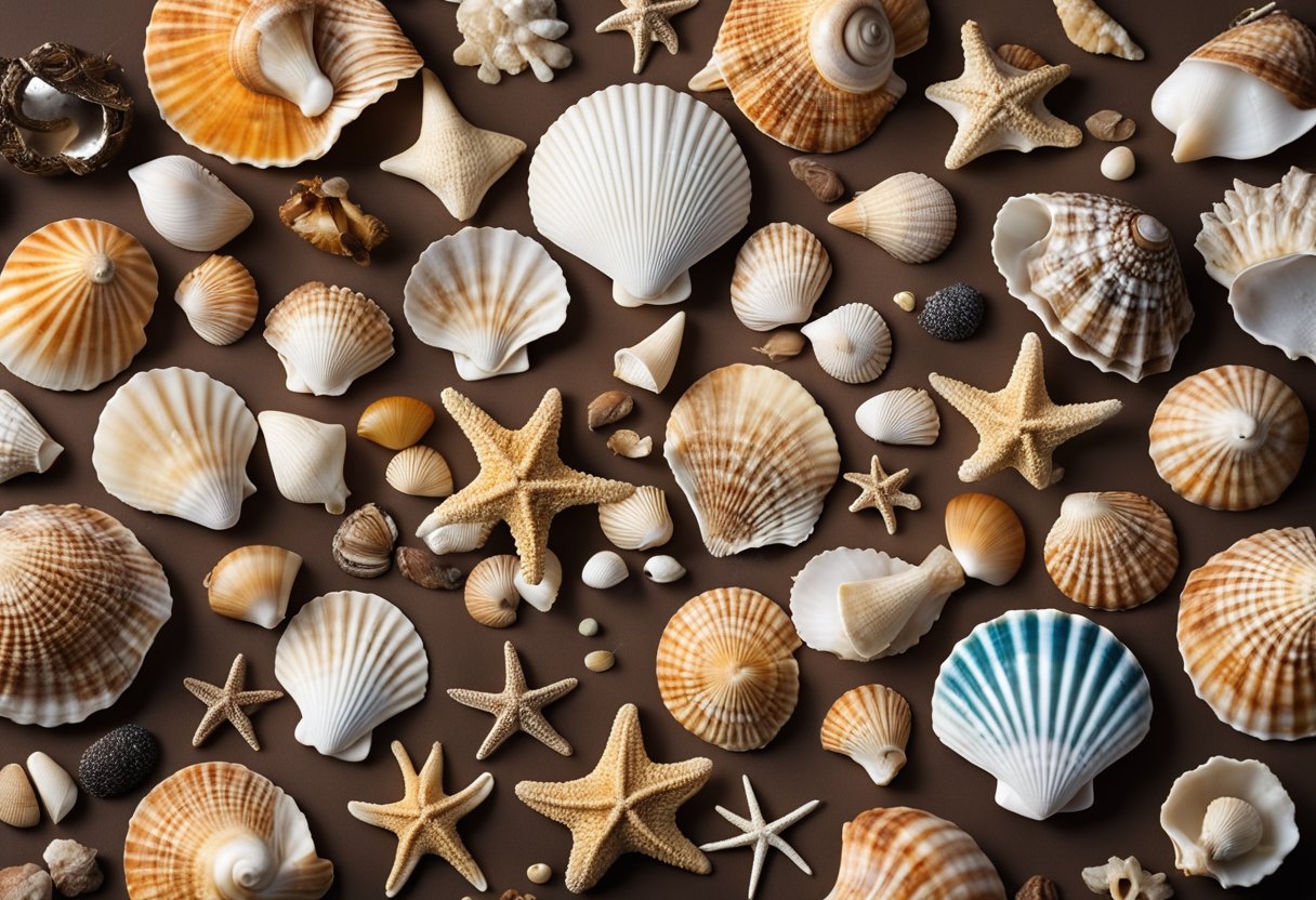 A diverse collection of seashells arranged in a colorful display, surrounded by various cultural and economic symbols and artifacts