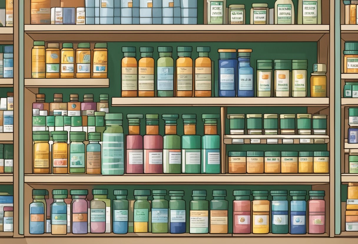 New medications added to Farmácia Popular program. Illustrate shelves stocked with various medicine bottles and a sign indicating the program's name