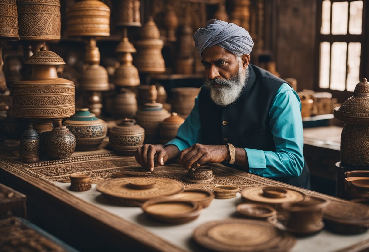 A skilled artisan in Jaipur meticulously crafts custom furniture, surrounded by vibrant fabrics and intricate wood carvings