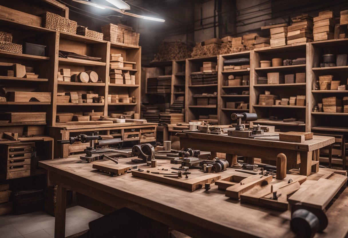 A workshop in Jaipur filled with wood, fabric, and tools for custom furniture design