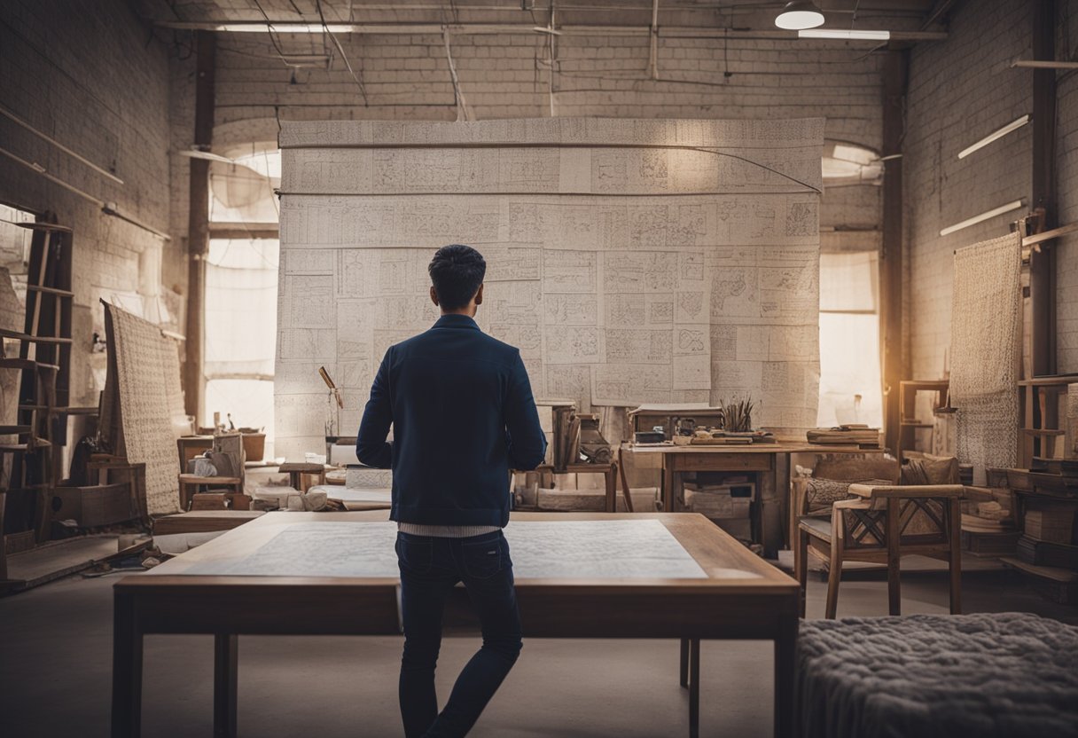 A designer sketches a unique furniture piece in a Jaipur studio. Fabrics and materials surround the workspace, inspiring the creative process