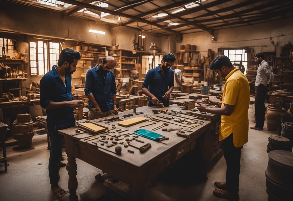 A busy workshop with designers sketching, measuring, and discussing custom furniture. Jaipur's vibrant colors and traditional patterns inspire their creations
