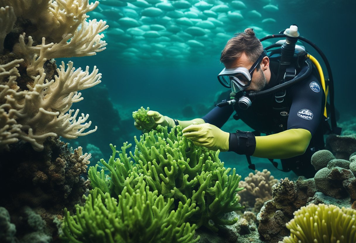A diver cleans algae off coral in a Jaipur aquarium