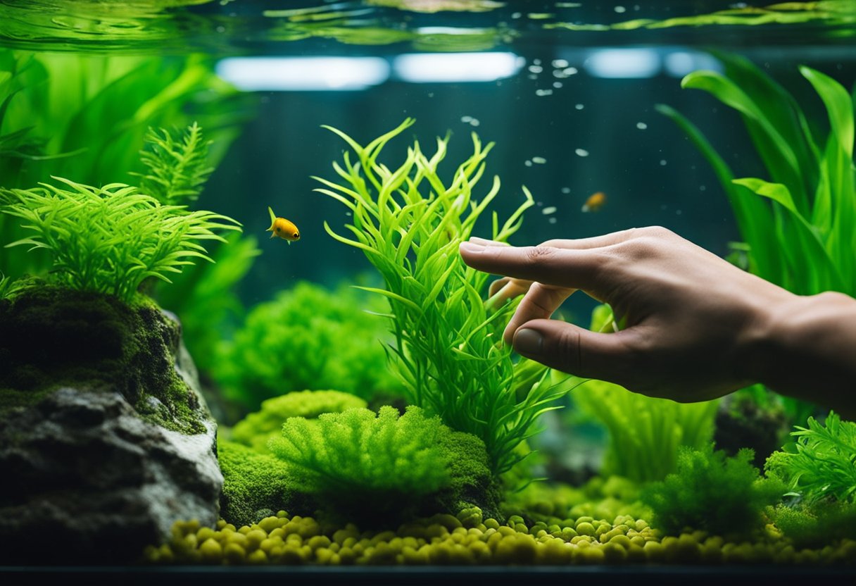 A hand reaching into a clean, well-maintained aquarium in Jaipur. Algae-free glass, healthy plants, and vibrant fish illustrate the importance of regular maintenance