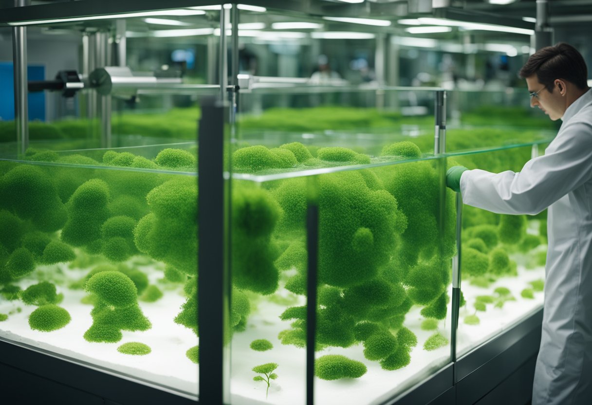 Cleaners scrub algae from tank glass. Technician tests water quality. Staff feed fish and inspect equipment. Crowd watches in awe