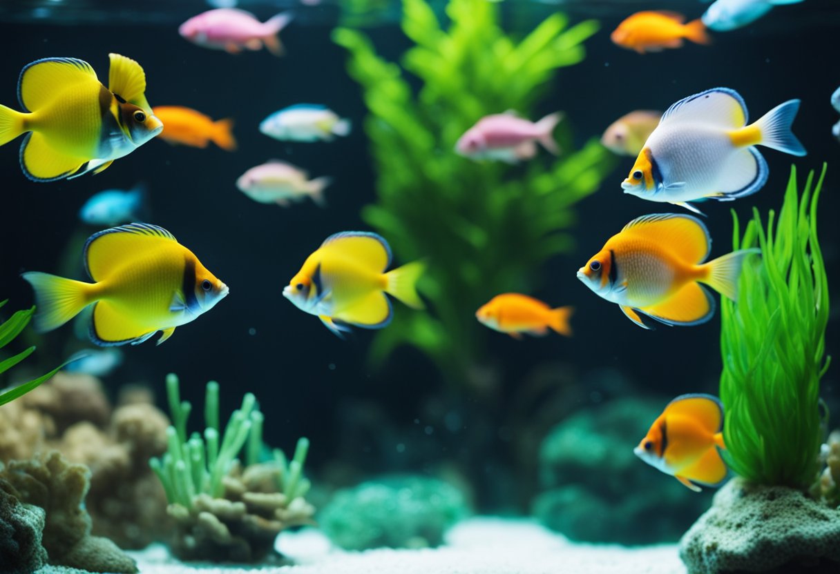 An aquarium with colorful fish, plants, and equipment. A person maintaining the tank, cleaning, and feeding the fish