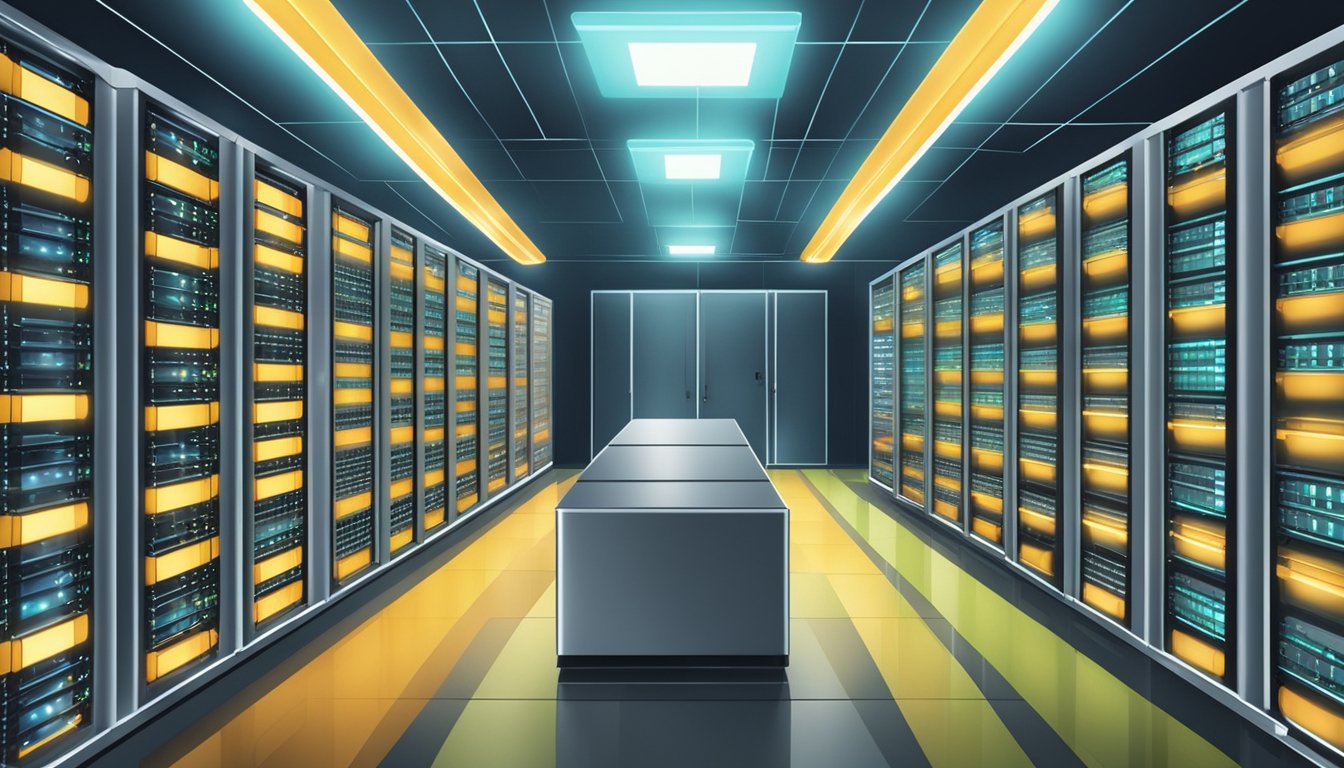 A server room with rows of blinking lights and humming machines, representing web hosting services