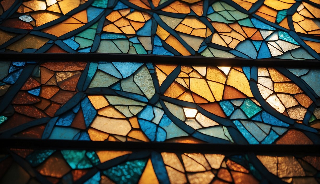 A colorful stained glass window with geometric patterns and intricate details, illuminated by sunlight streaming through