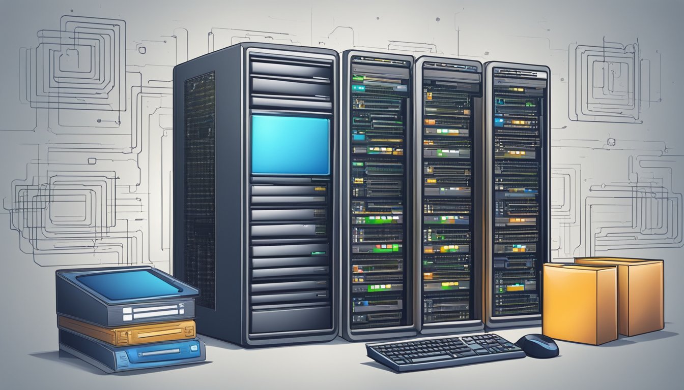 A computer with coding software open, surrounded by web hosting servers and website building tools