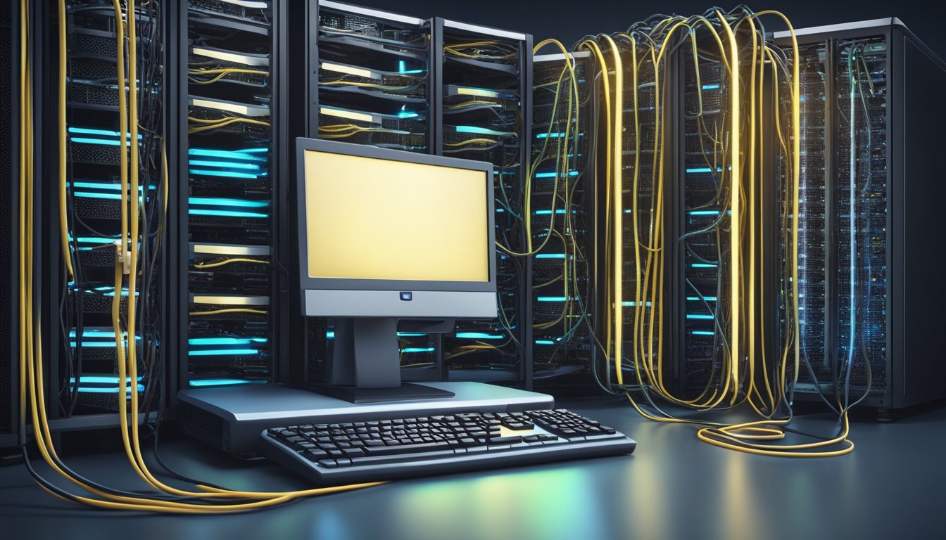 A computer server surrounded by network cables and glowing lights, symbolizing web hosting services