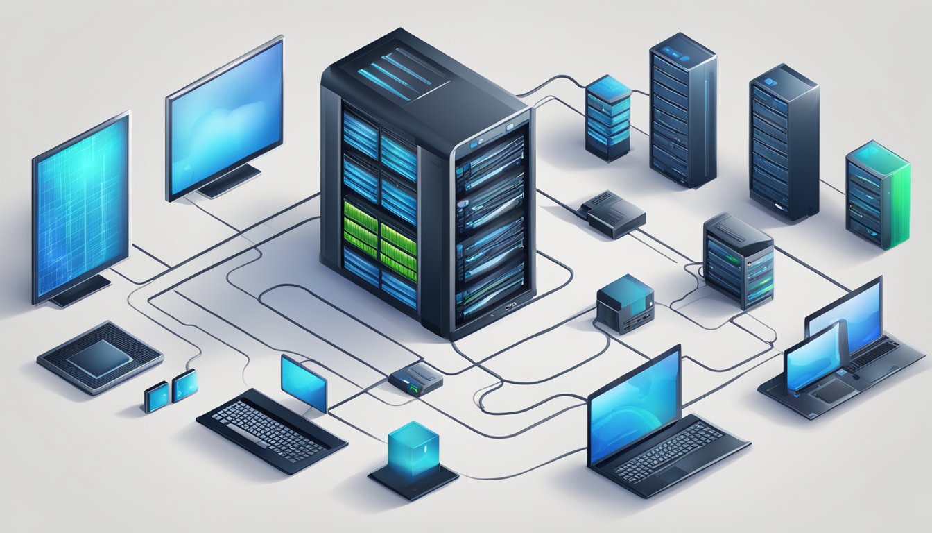 A computer server surrounded by various technological devices and web hosting tools