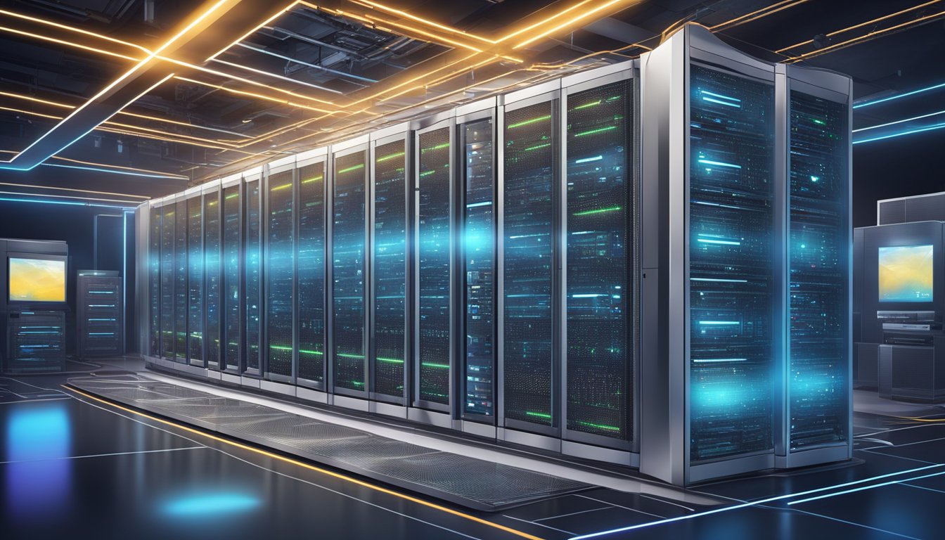 A futuristic web hosting server surrounded by advanced technology and digital interfaces
