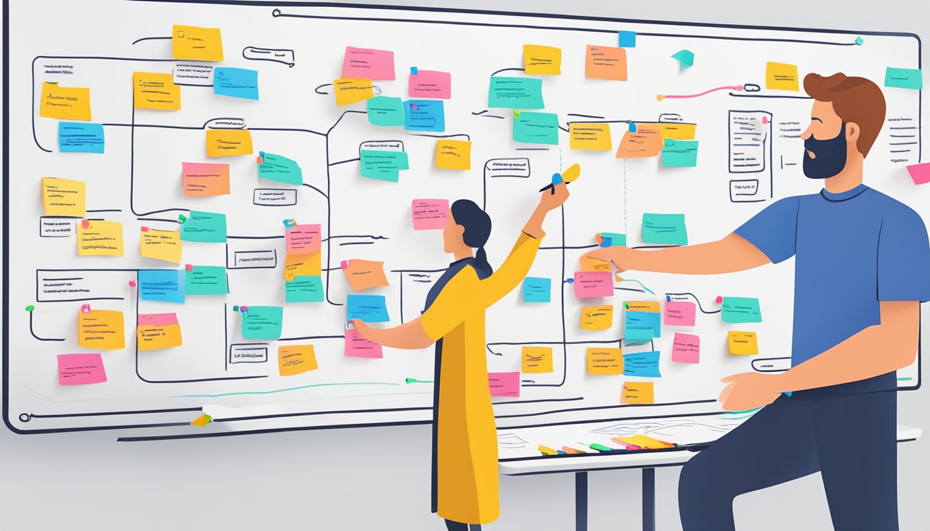 A user journey map being created on a whiteboard with colorful markers and sticky notes