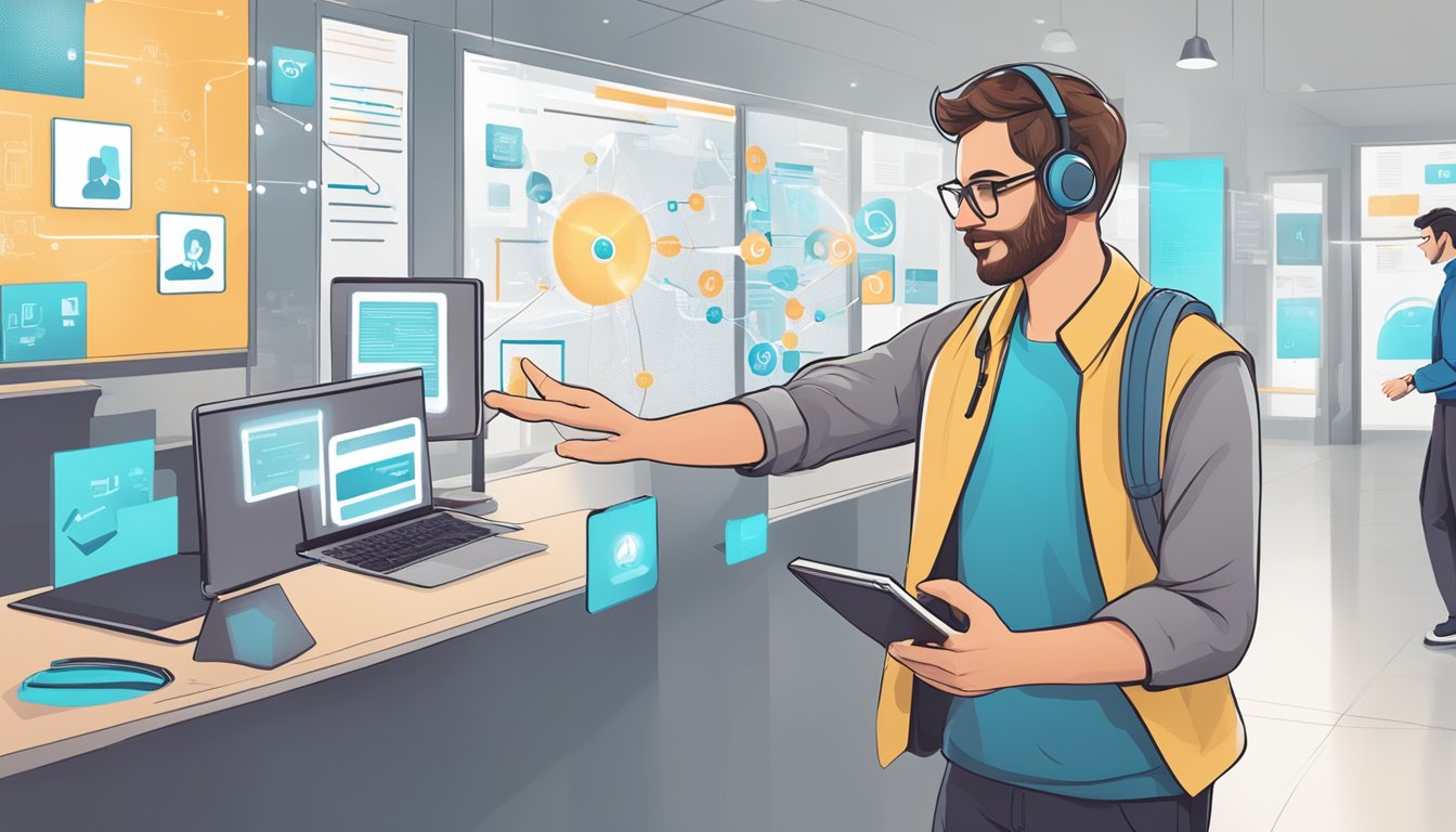 A customer interacts with a digital interface, navigating through various touchpoints and experiences
