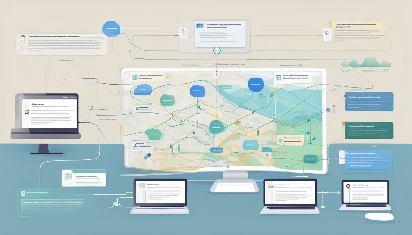 A computer screen displaying a user journey map with interconnected systems and digitalization processes