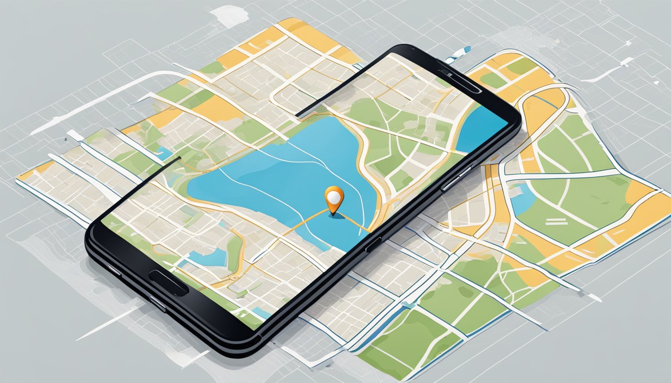 A mobile phone with a map app open, showing a user journey from start to finish