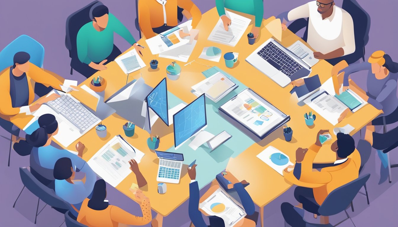 A group of people brainstorming and collaborating around a table, with various innovative ideas and solutions being discussed and shared