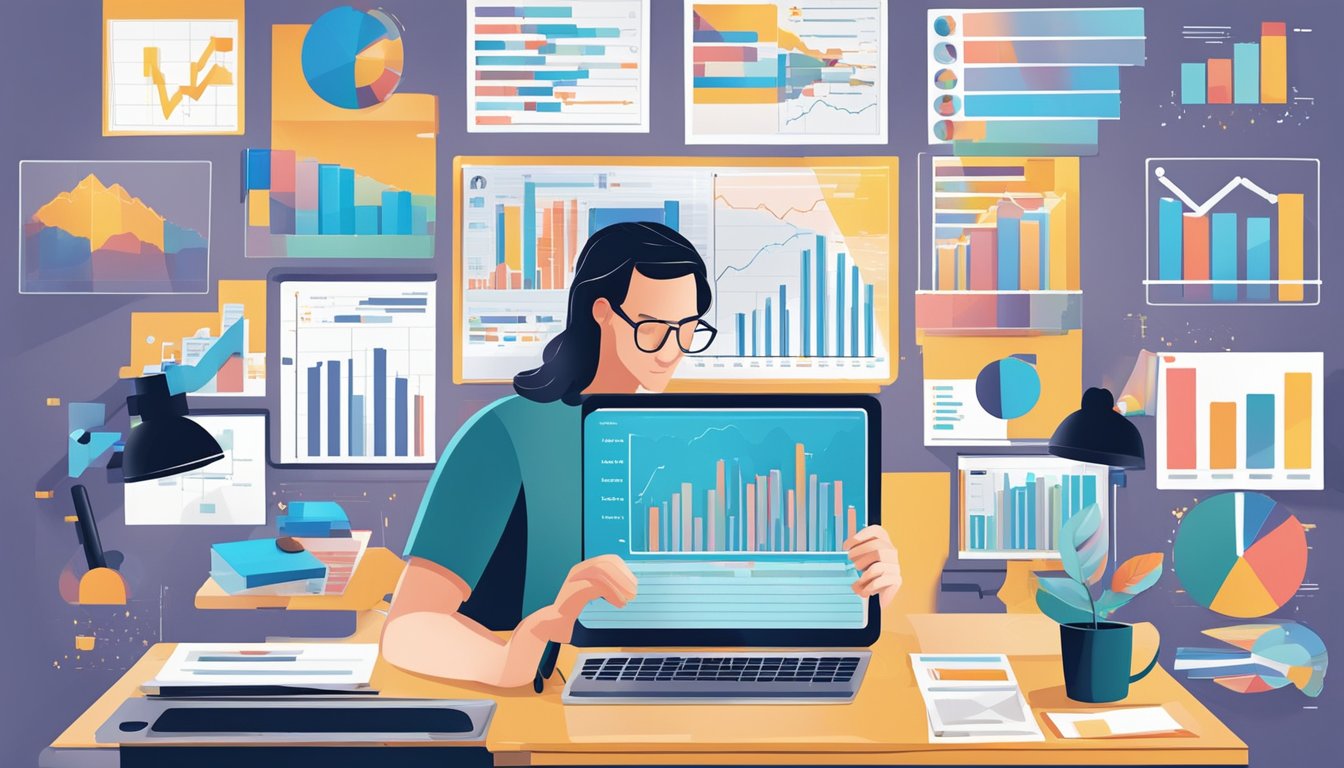 A person analyzing data on a computer, surrounded by charts and graphs