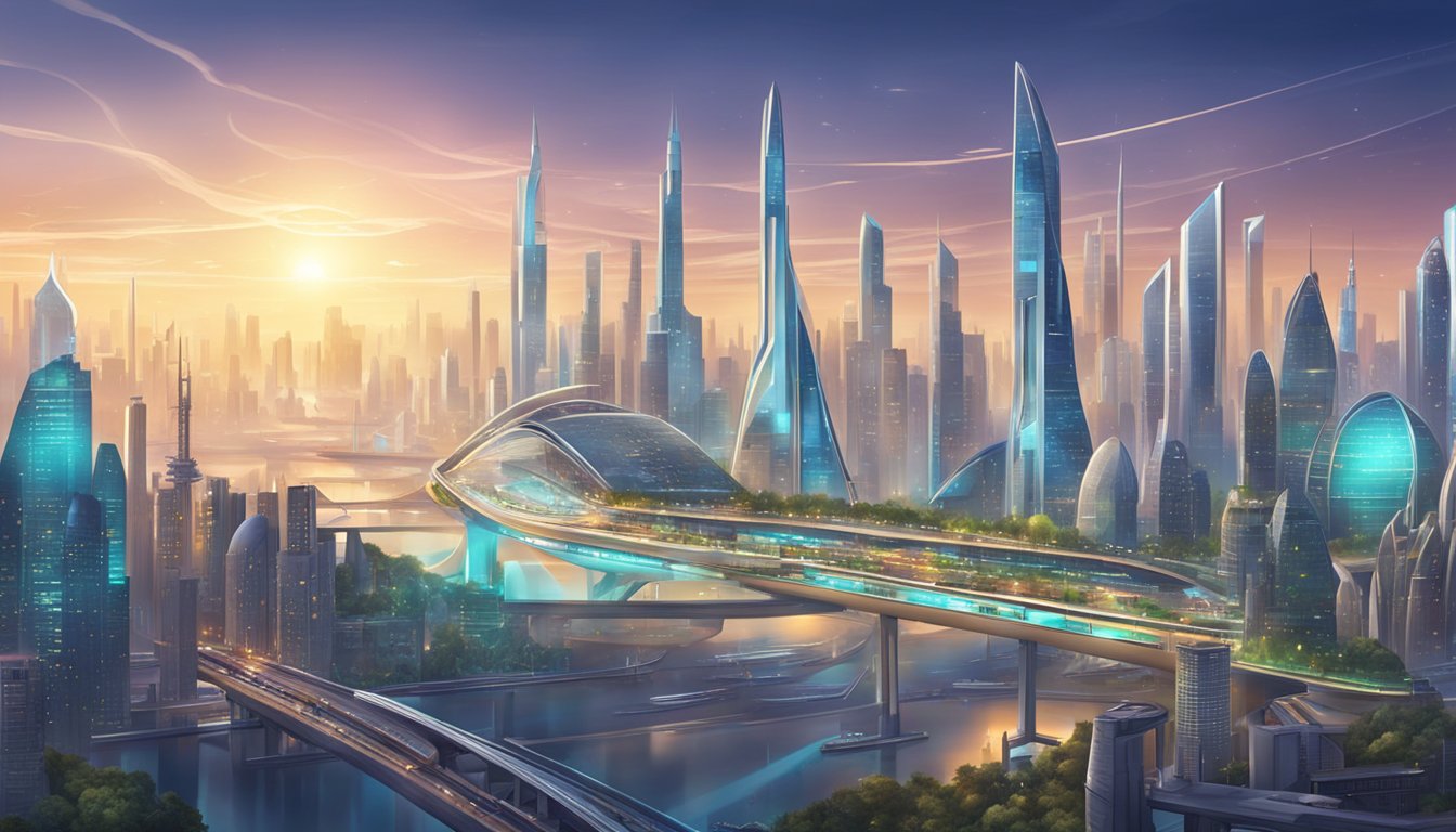 A futuristic city skyline with advanced technology and transportation systems